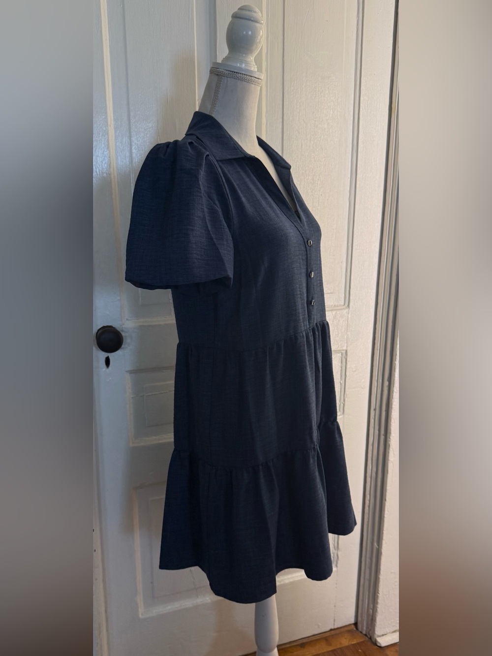DKNY Indigo Blue Tiered Mini Shirt Dress Puff Sleeve Collared A-Line Size 8 - Picture 4 of 12